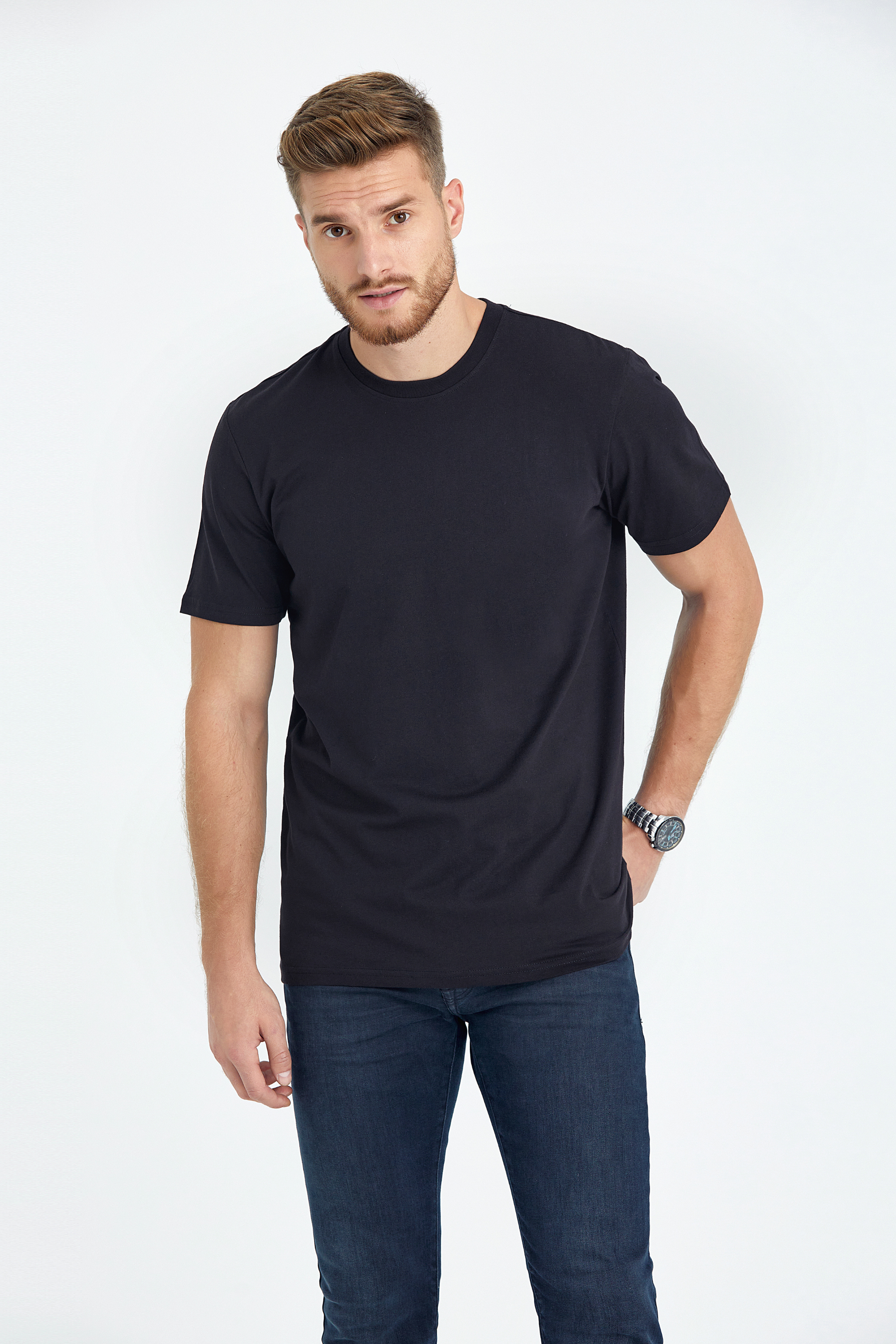 round neck regular fit long t-shirt black