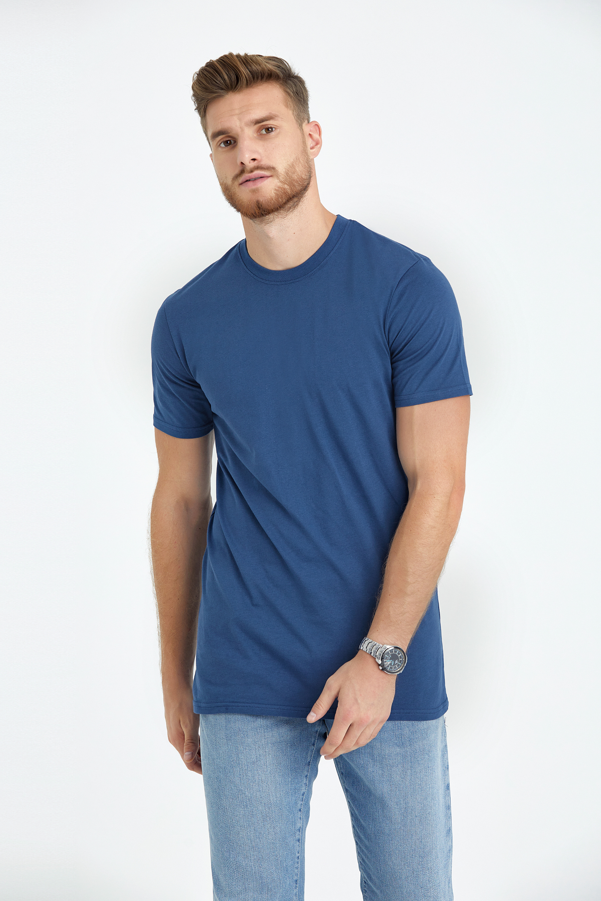 round neck regular fit long t-shirt blue