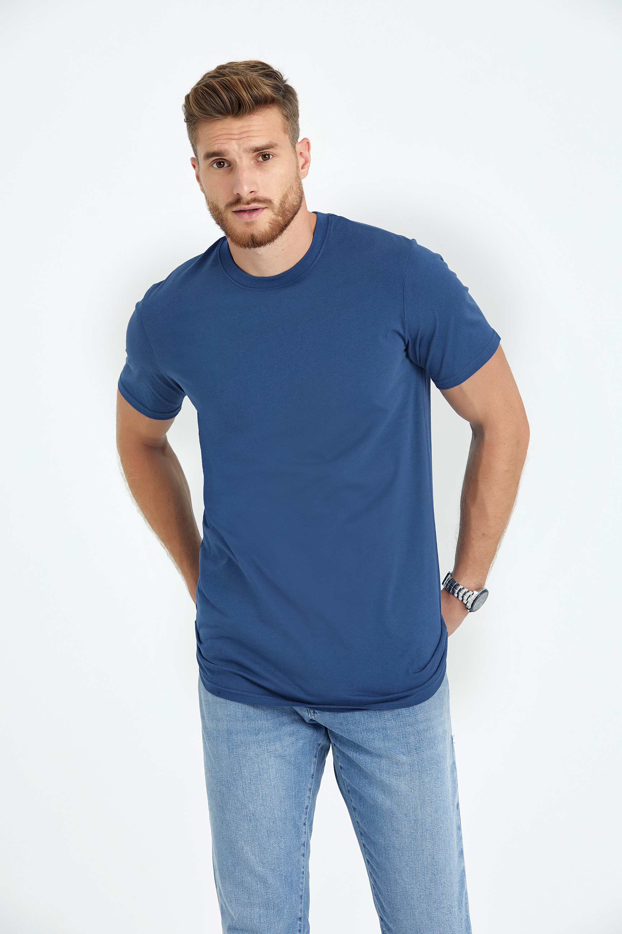 round neck regular fit long t-shirt blue