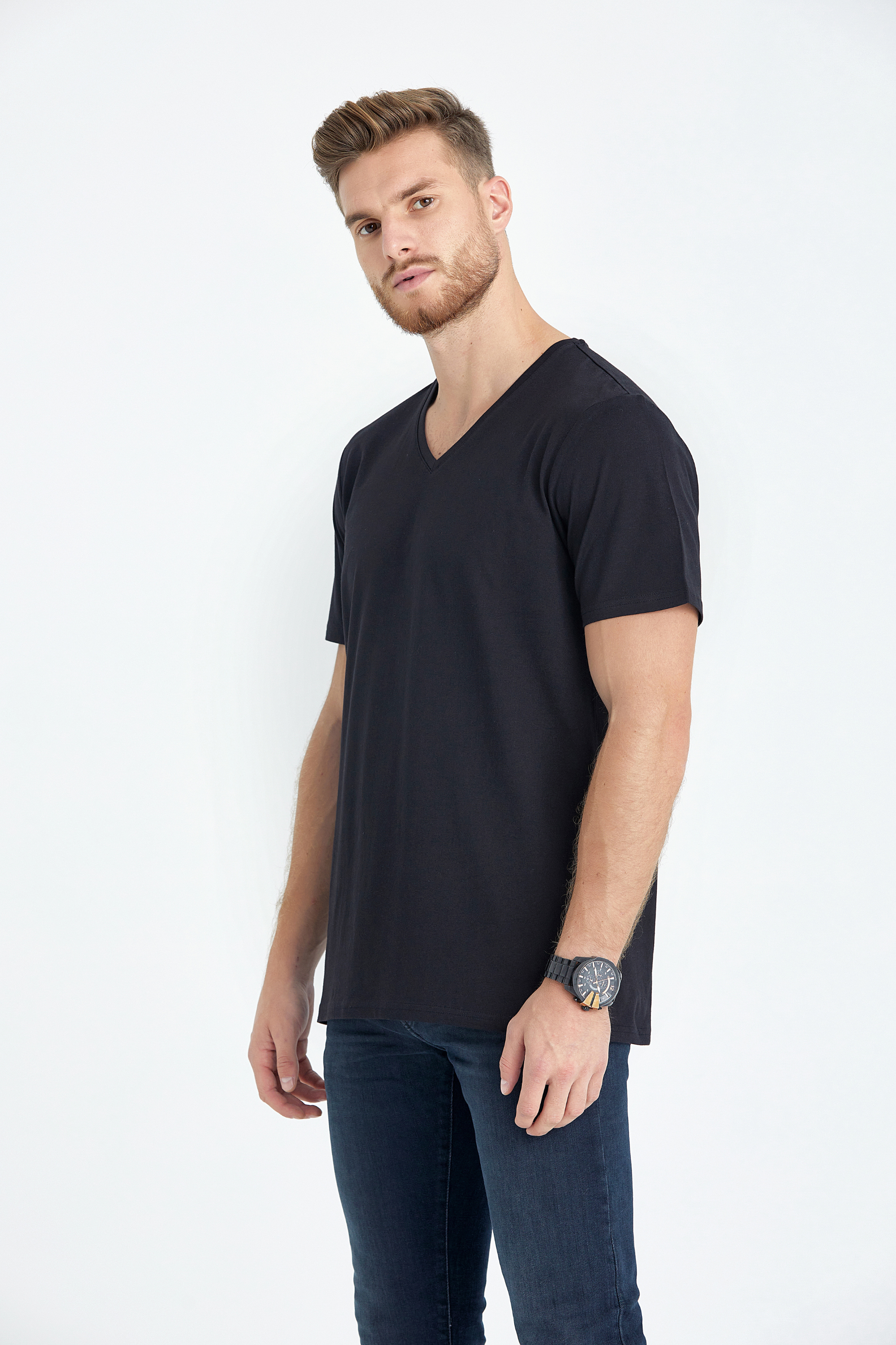 v neck regular fit long t-shirt black