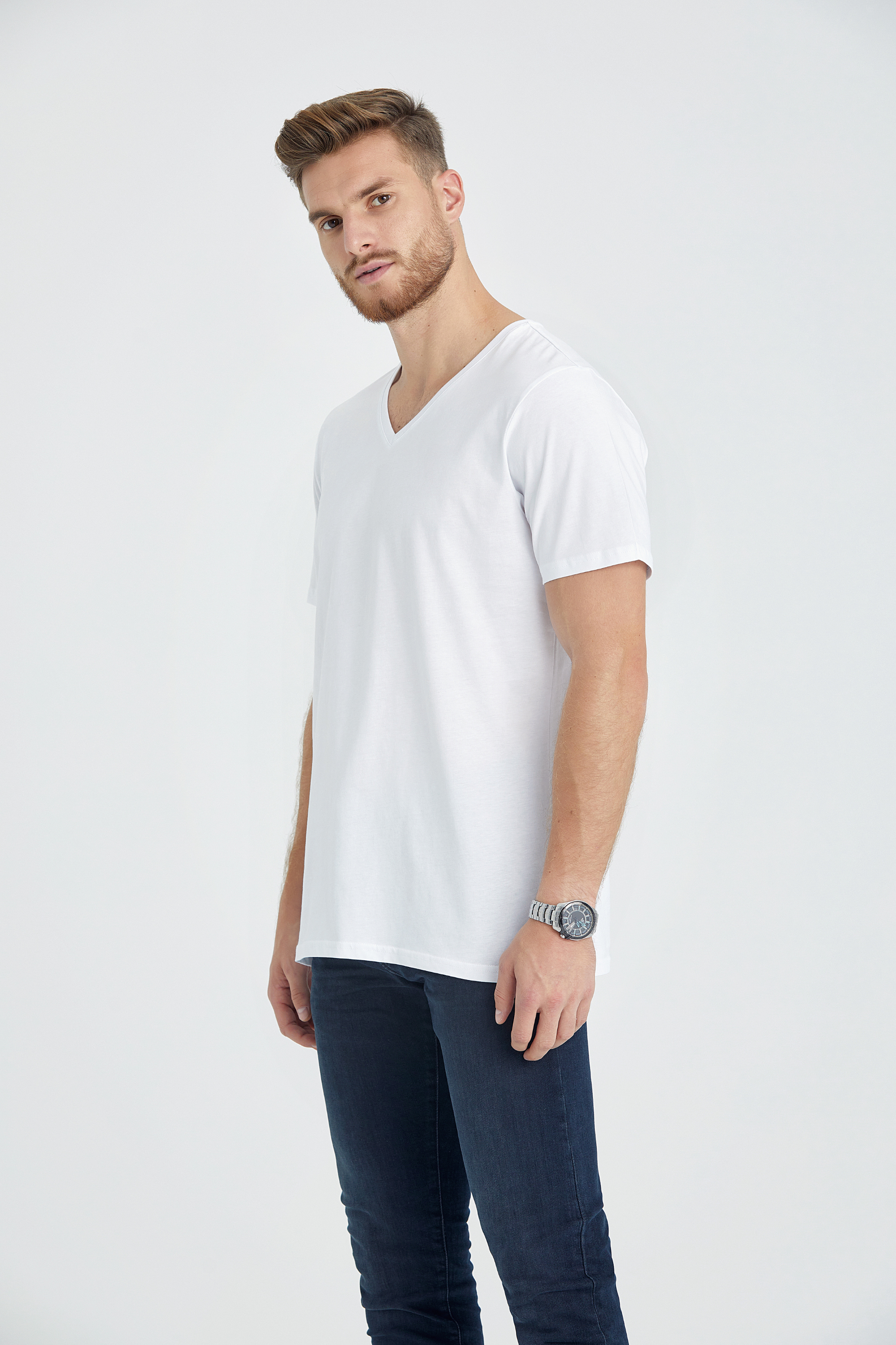 v neck regular fit long t-shirt white