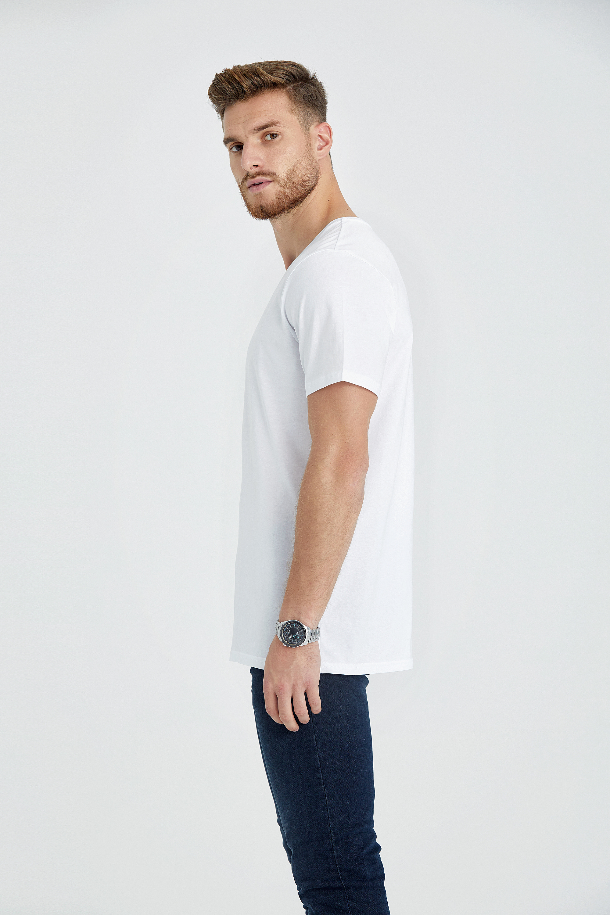 v neck regular fit long t-shirt white