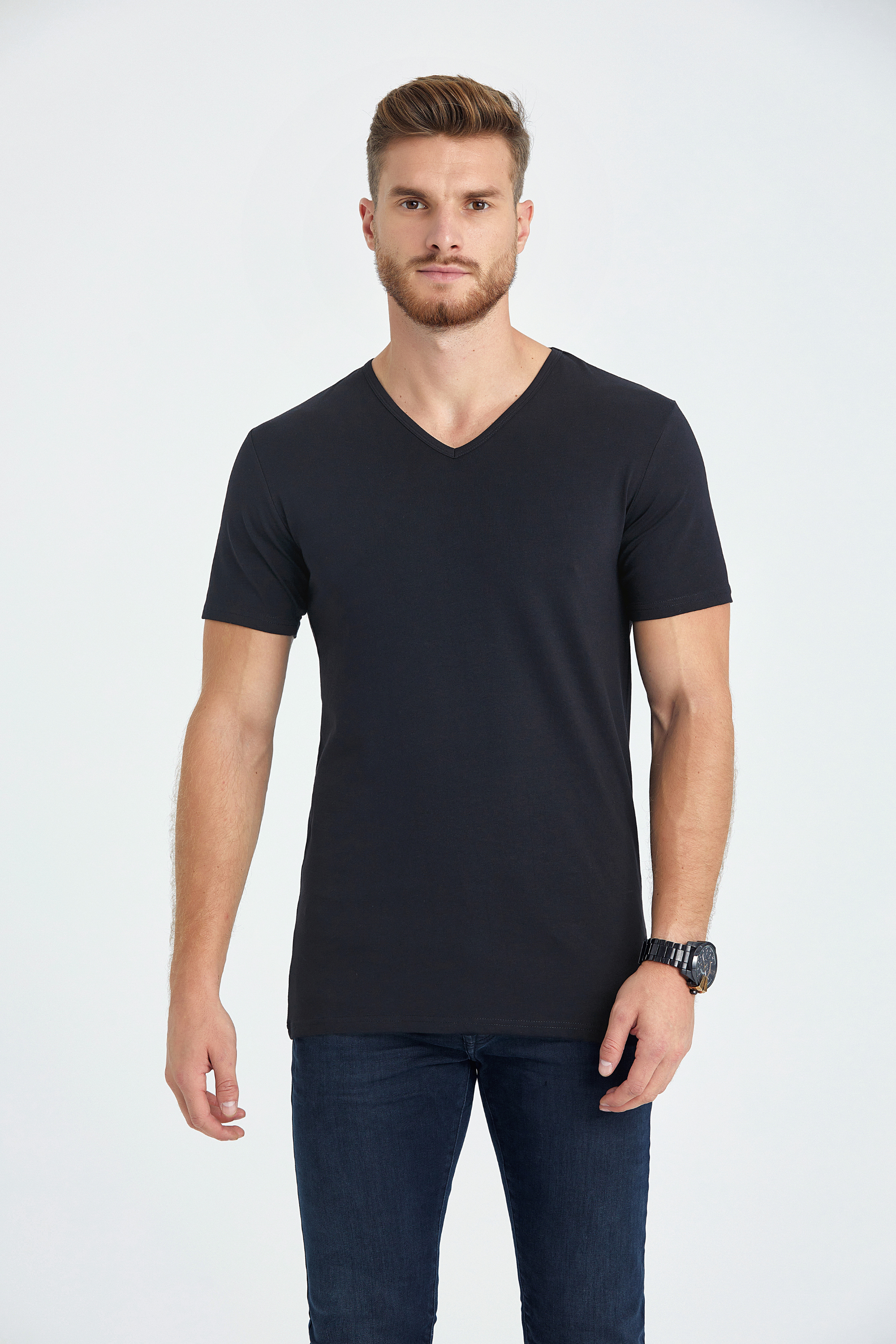 v neck slim fit long t-shirt black