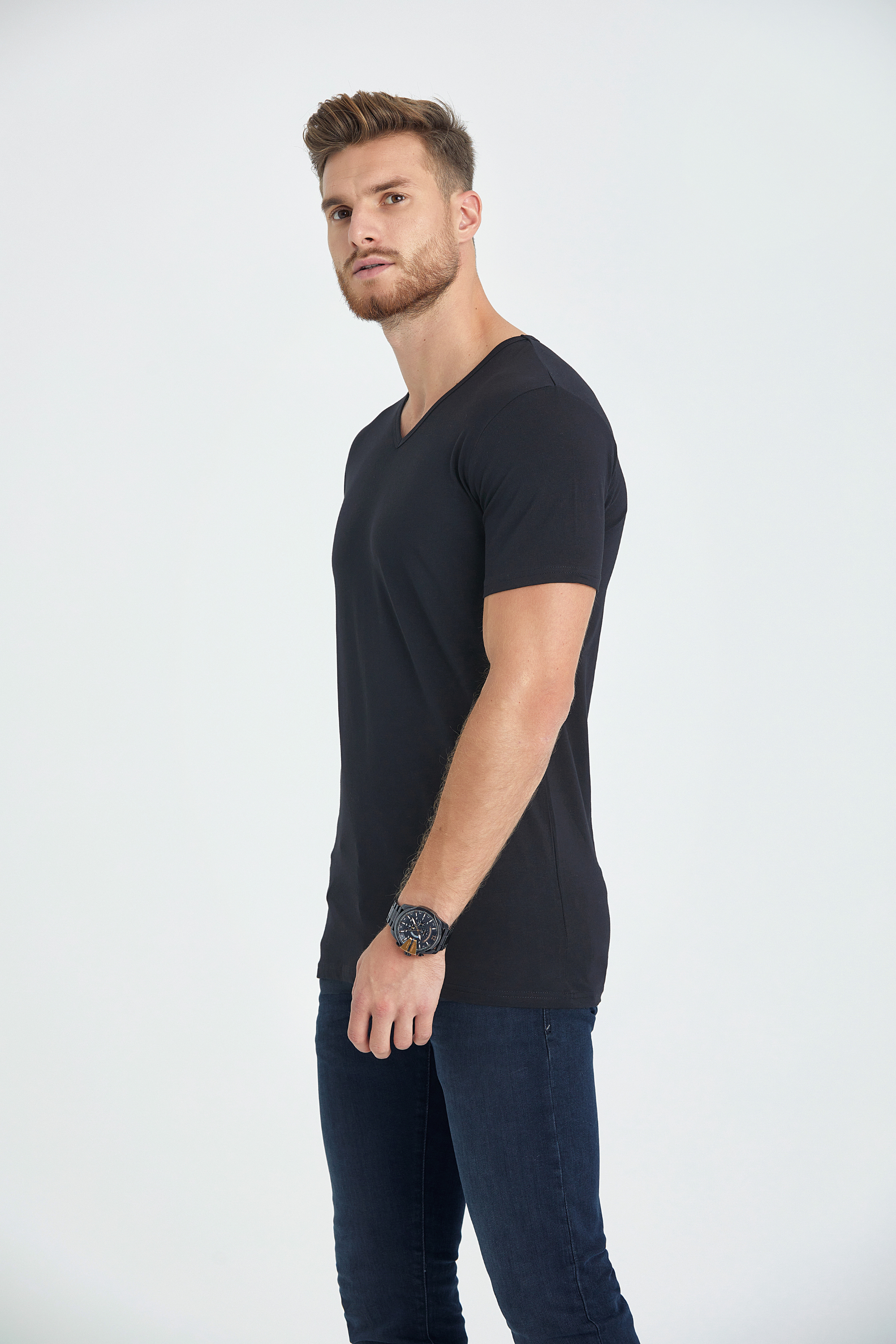 v neck slim fit long t-shirt black