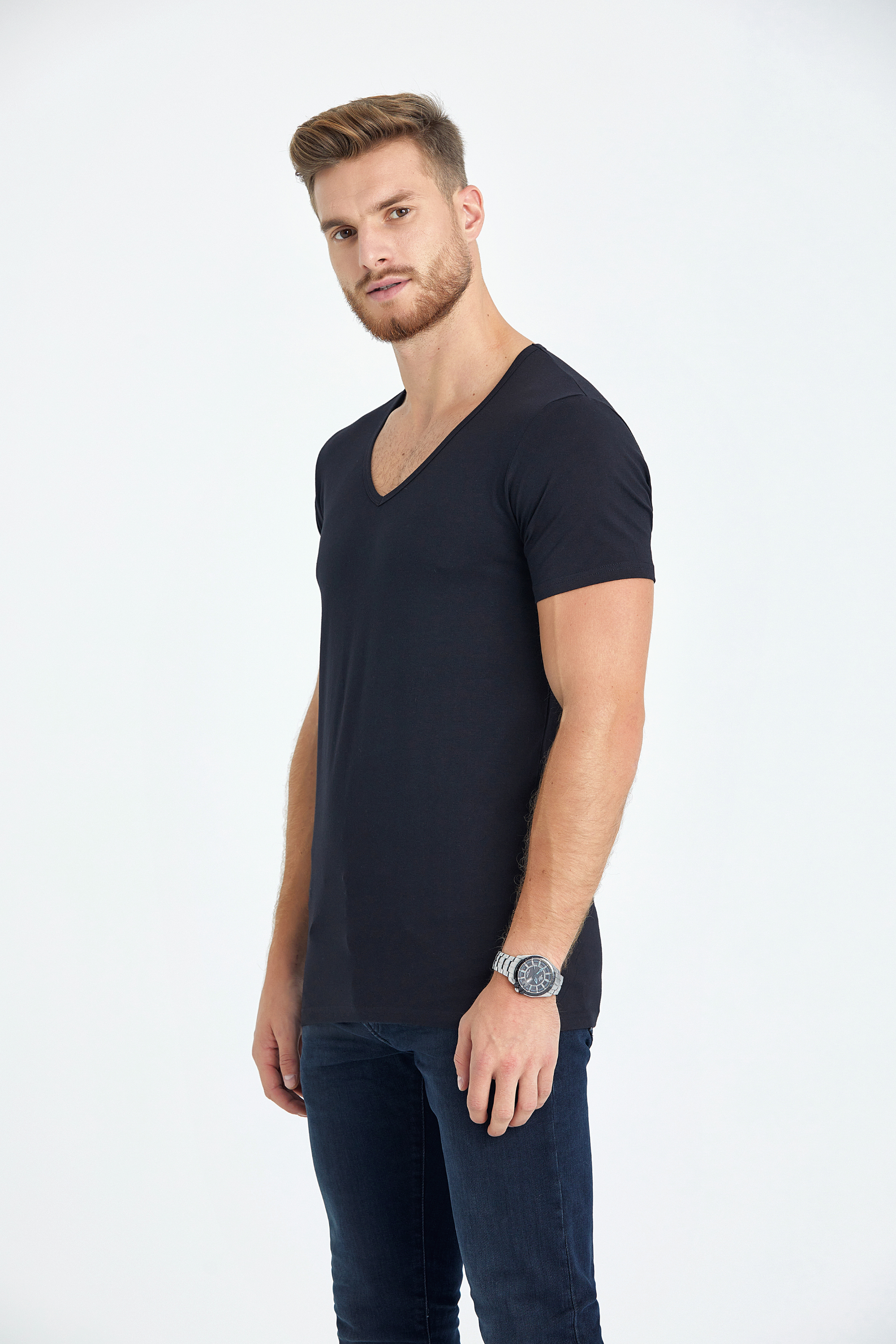 v neck slim fit long t-shirt black