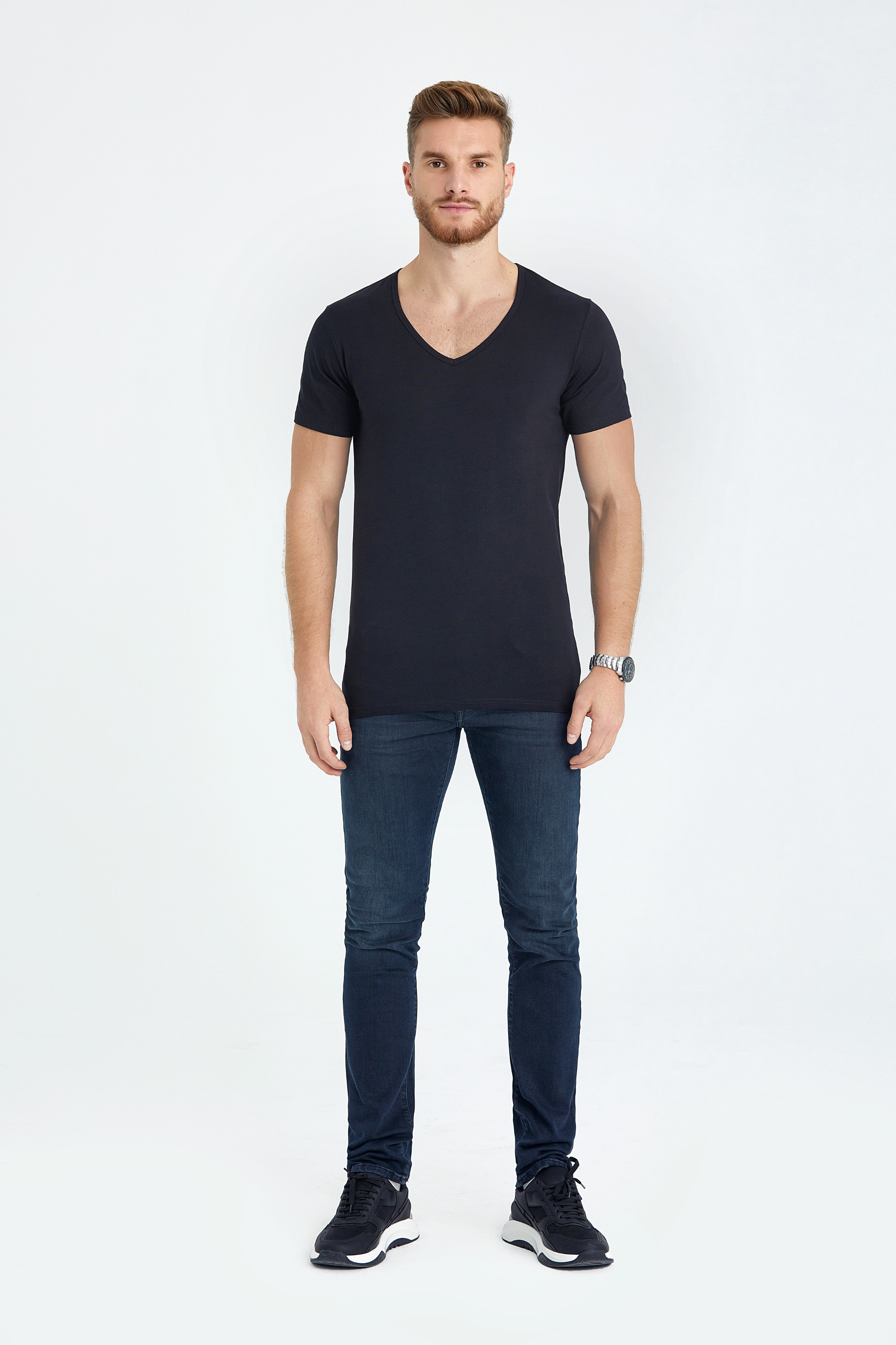 v neck slim fit long t-shirt black