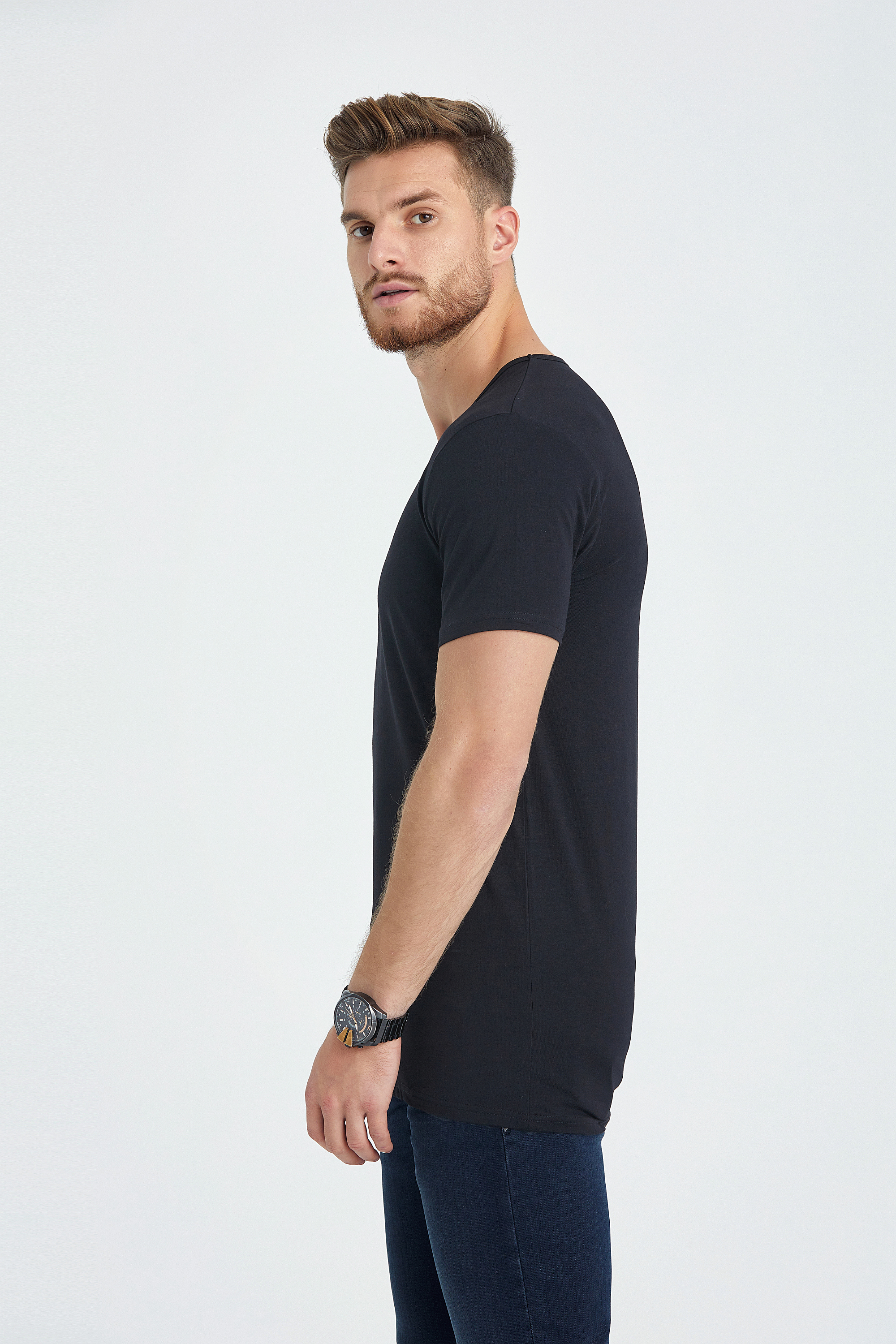 v neck slim fit long t-shirt black