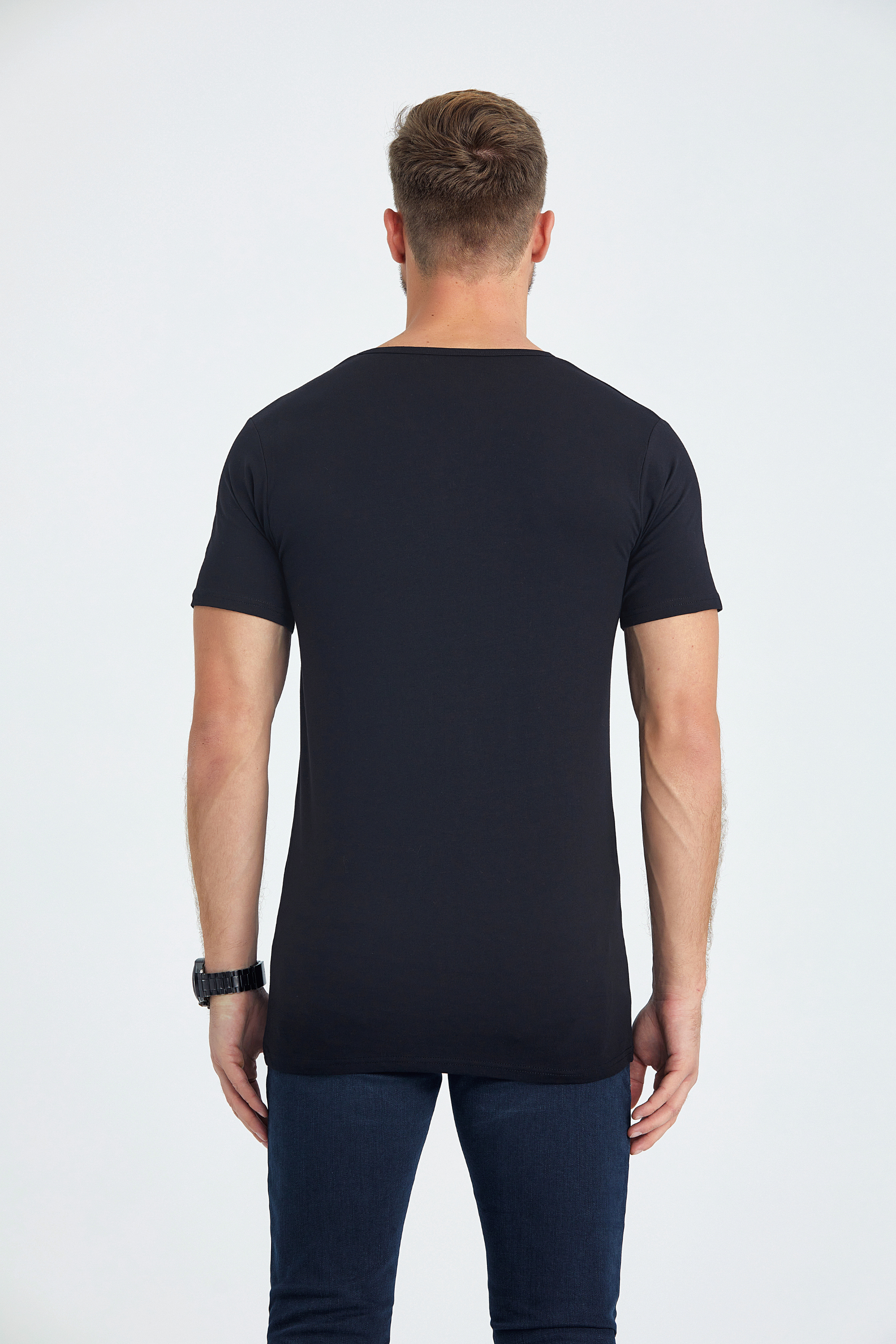 v neck slim fit long t-shirt black