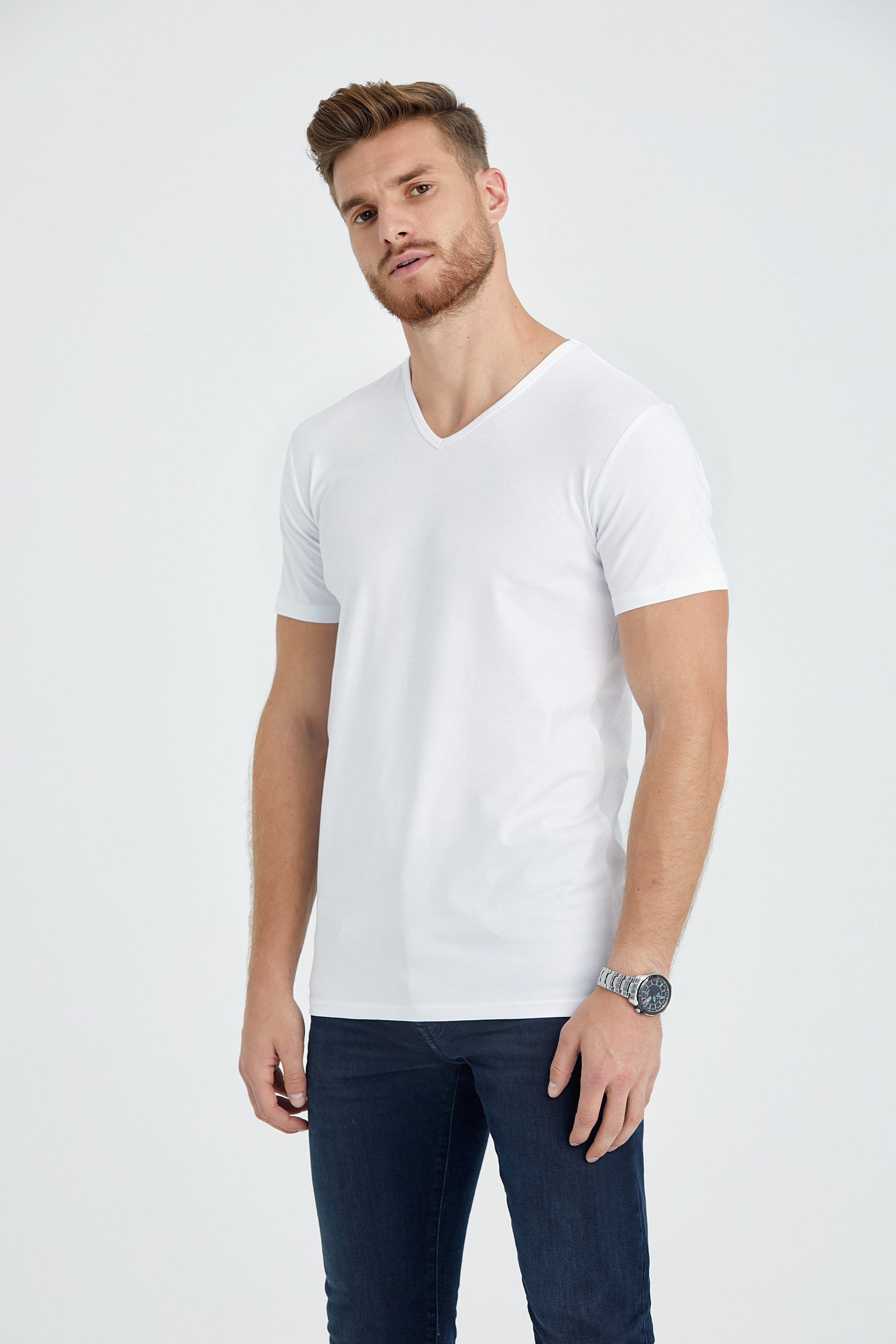 v neck slim fit long t-shirt white