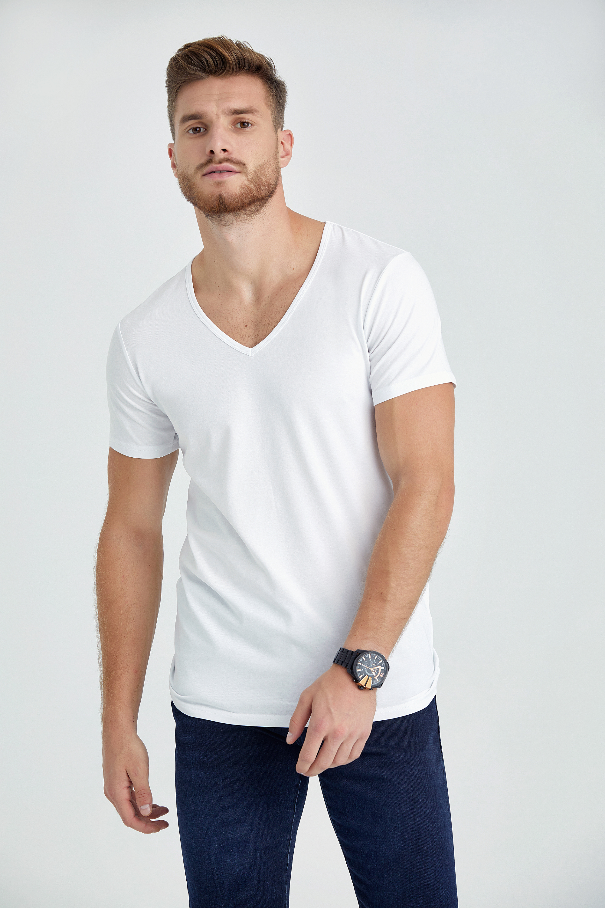 v neck slim fit long t-shirt white