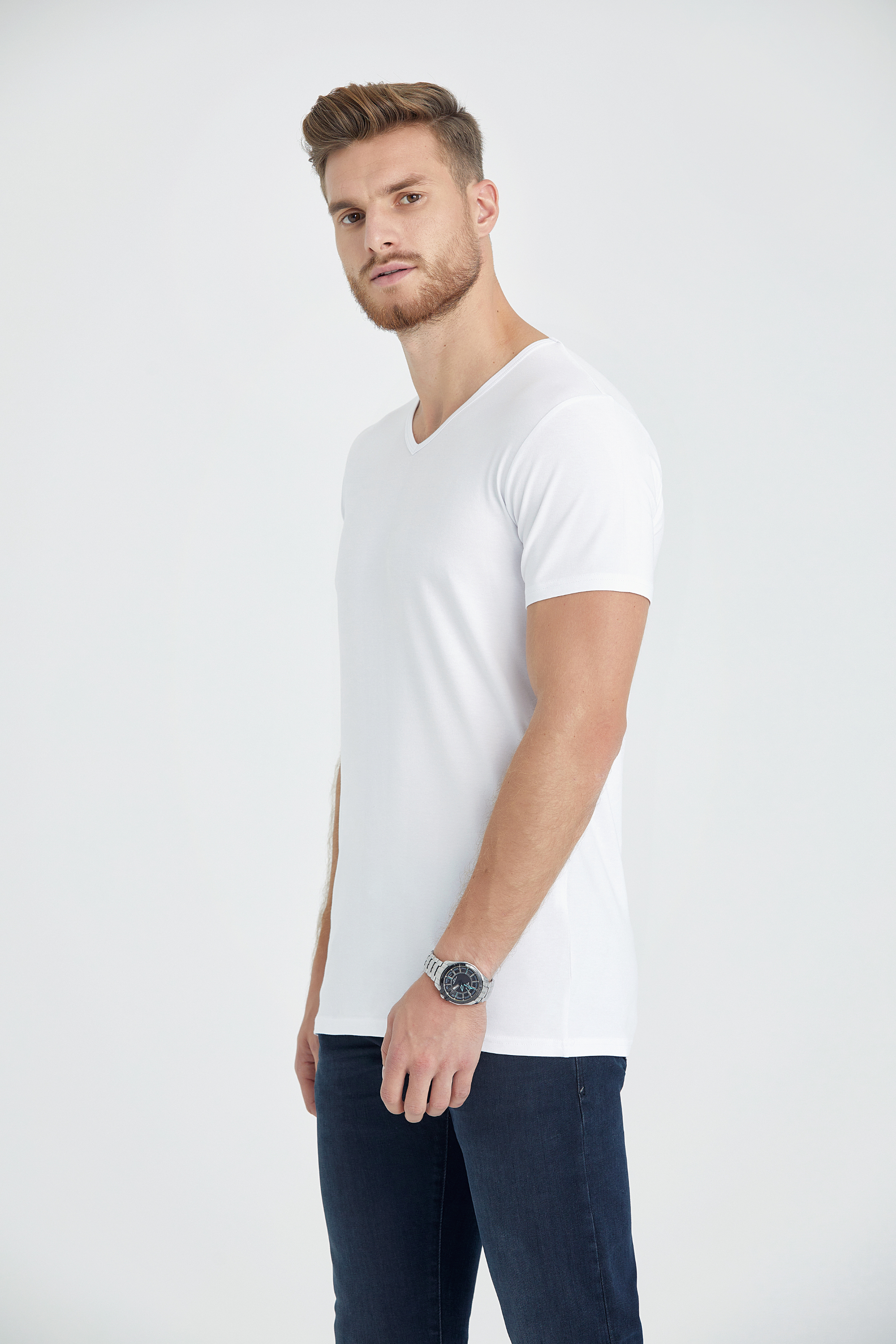 v neck slim fit long t-shirt white
