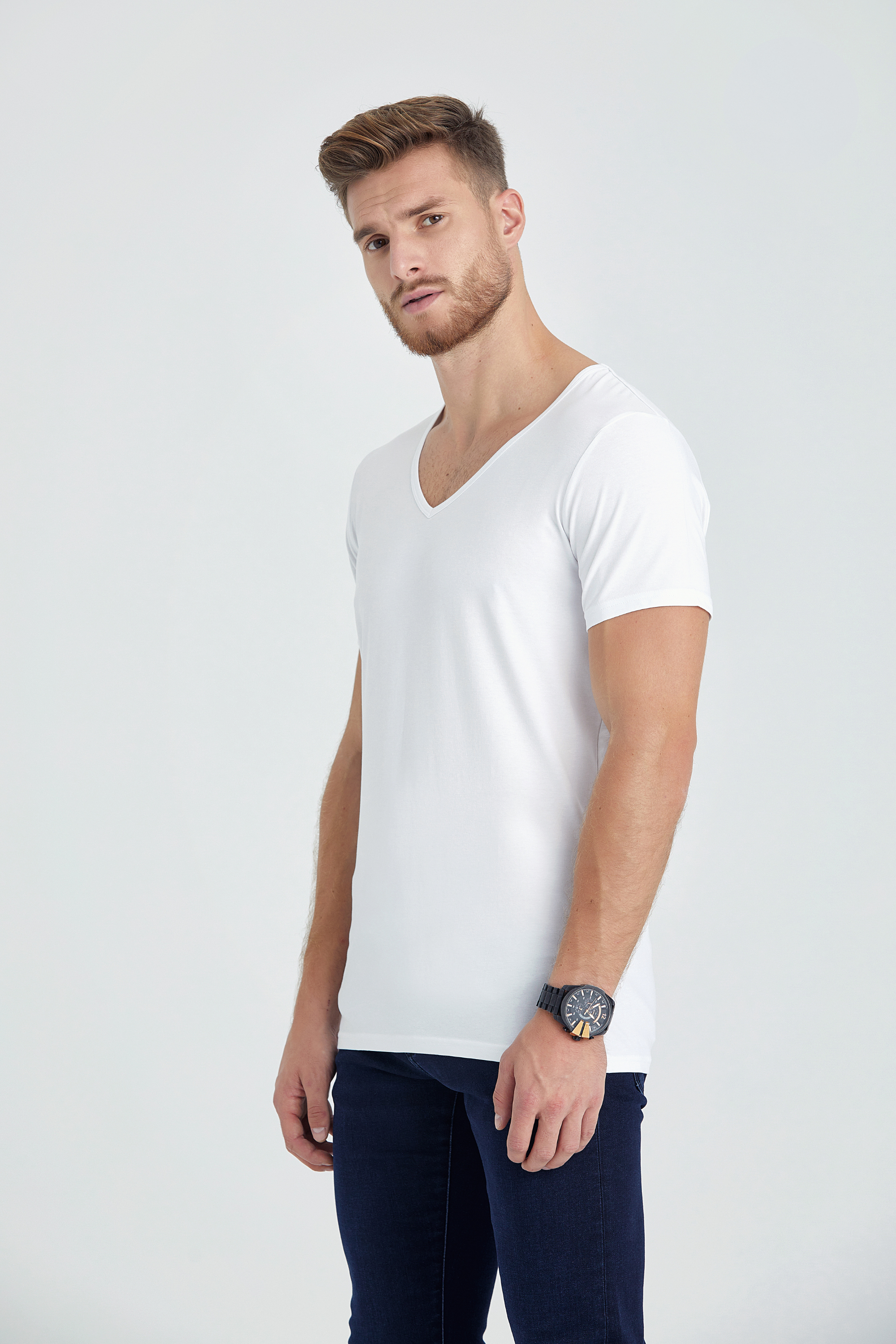 v neck slim fit long t-shirt white