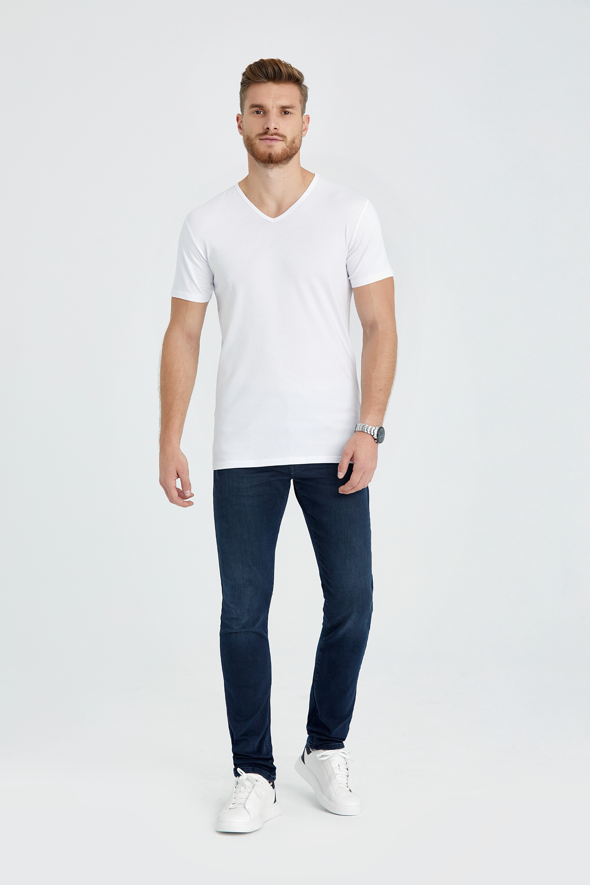 v neck slim fit long t-shirt white