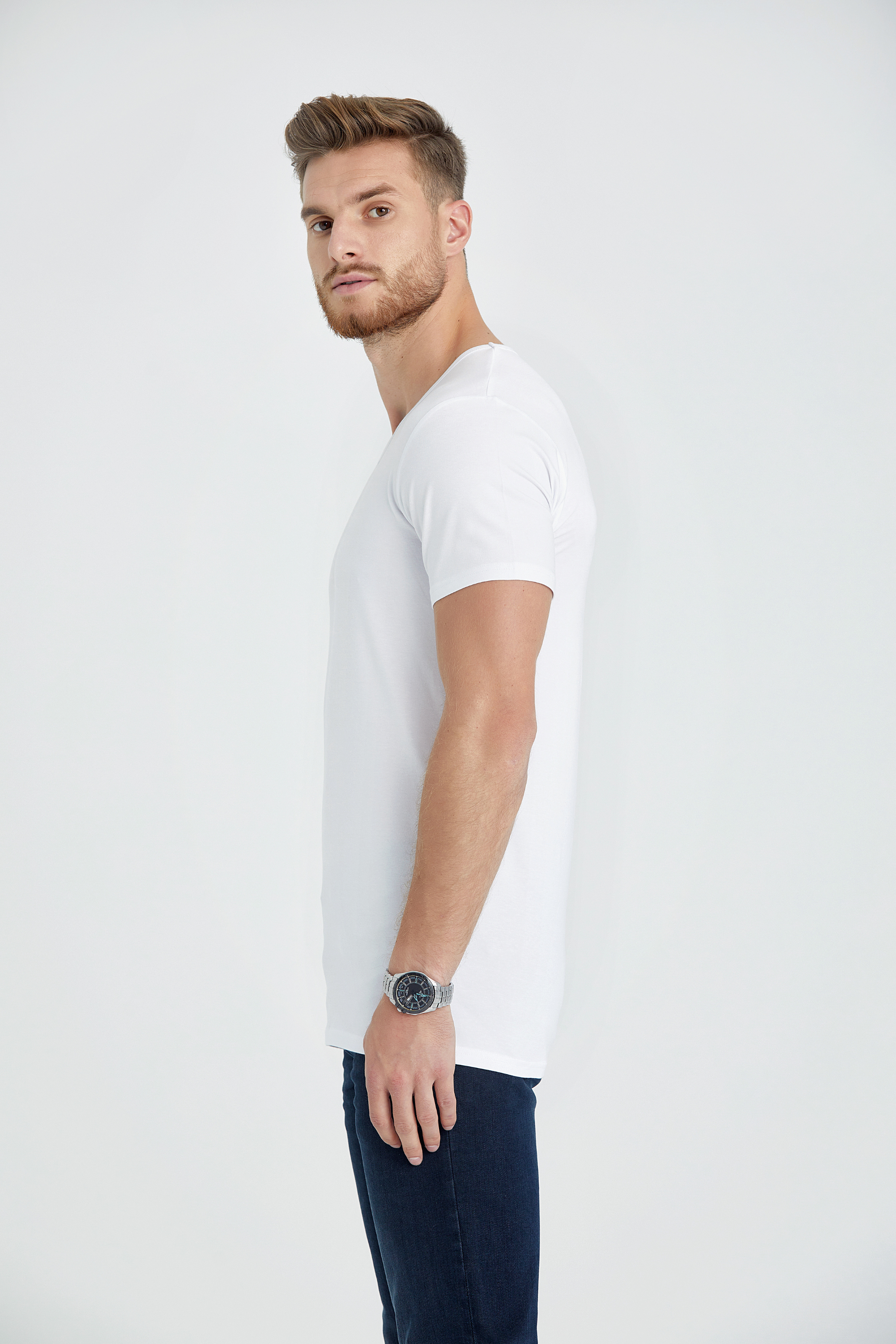 v neck slim fit long t-shirt white