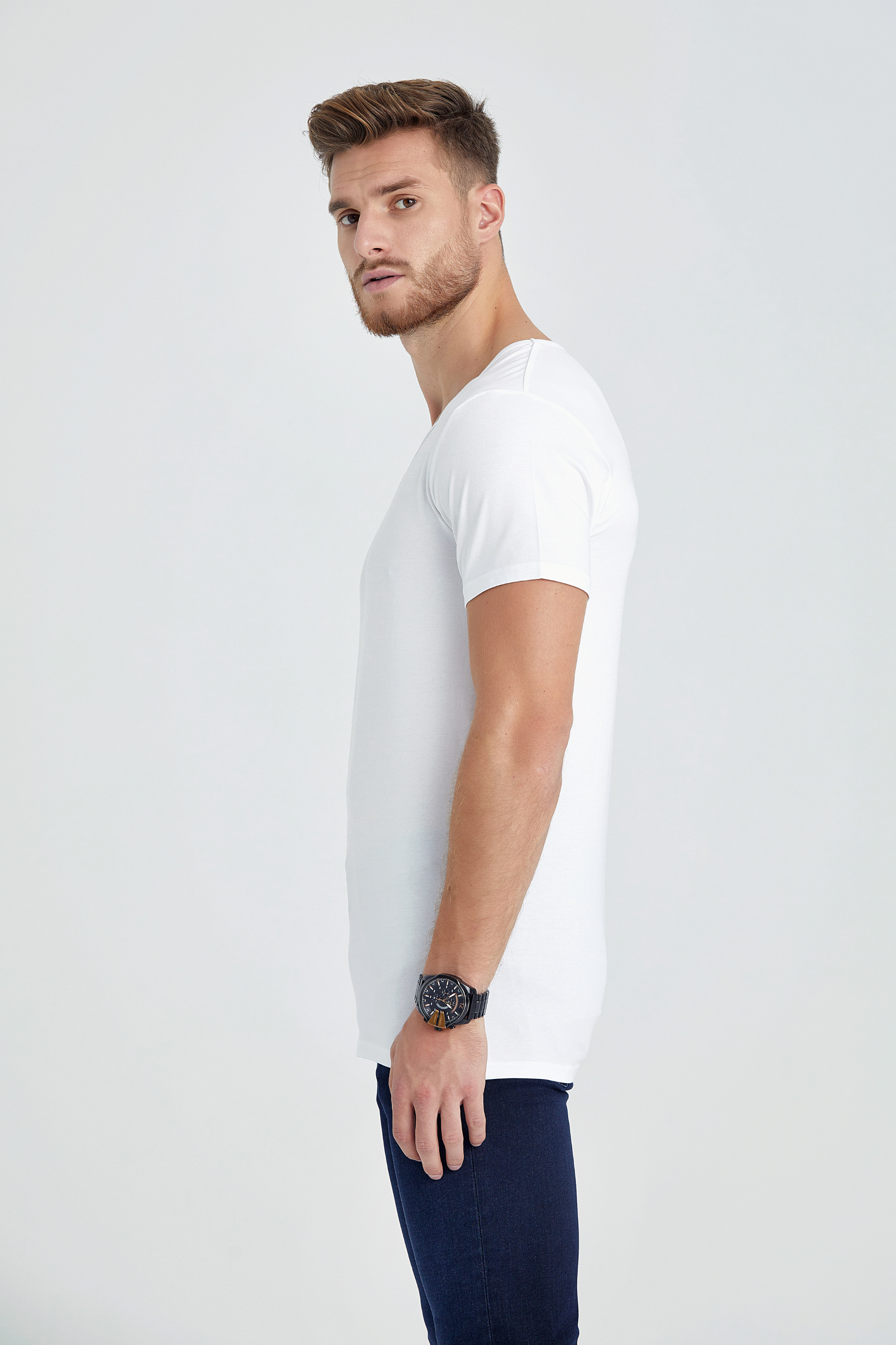 v neck slim fit long t-shirt white