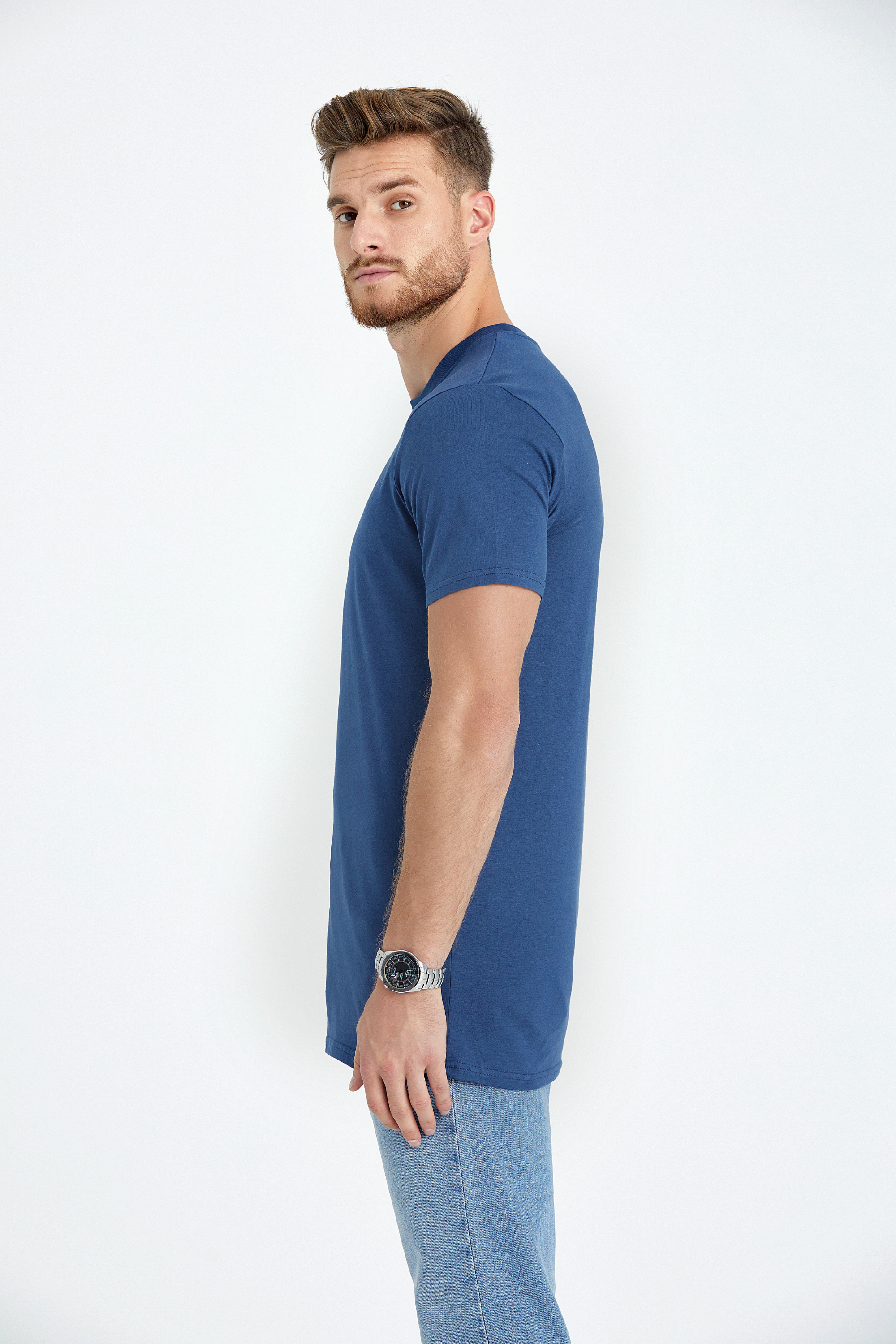round neck regular fit long t-shirt blue