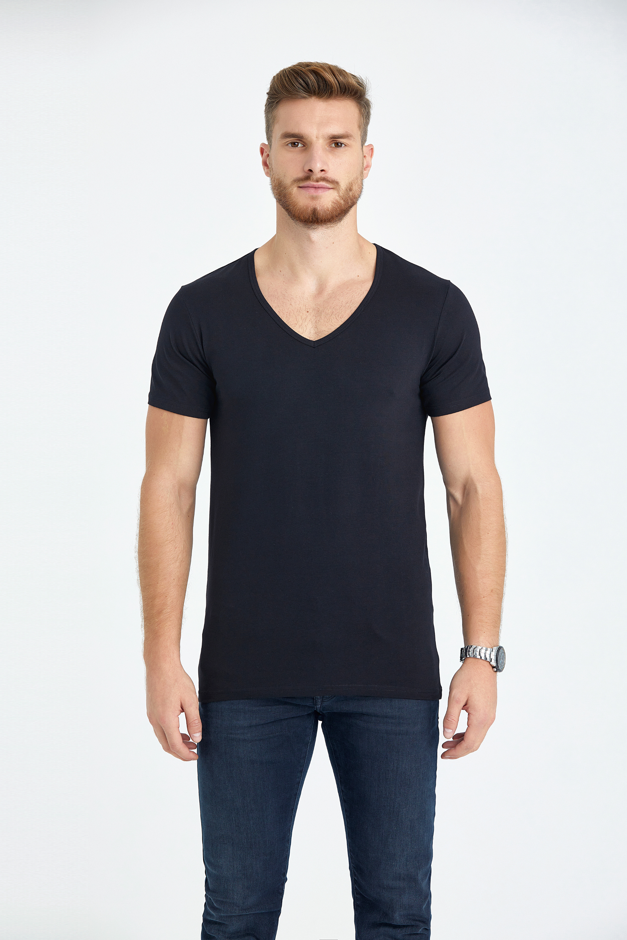 v neck slim fit long t-shirt black