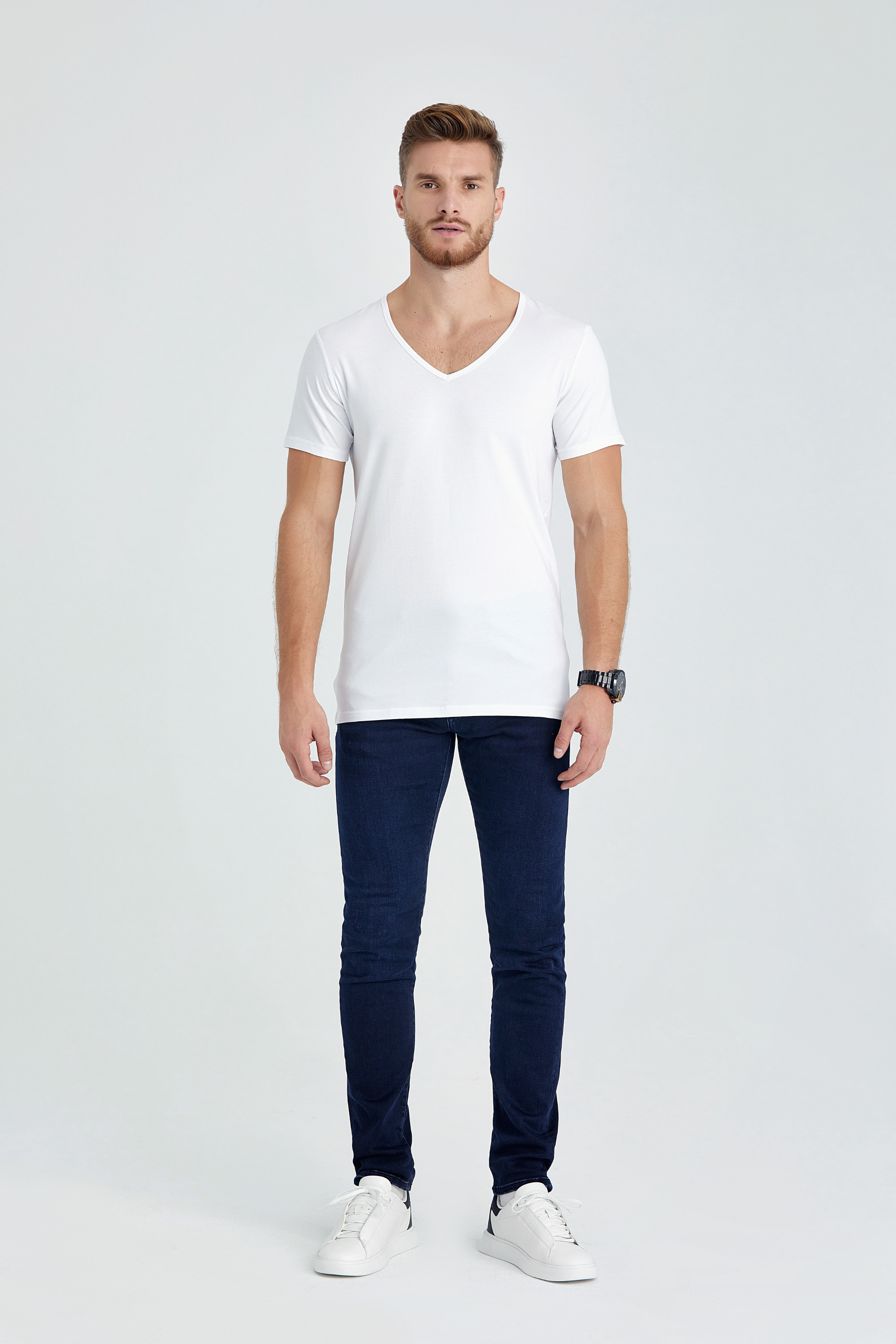 v neck slim fit long t-shirt white